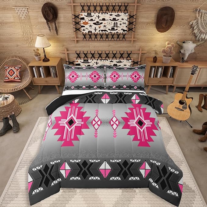 Erosebridal Rustic Western Queen Comforter Set, Southwestern Aztec Bedding Set for Boys Teens Men Bedroom, Exotic American Native Bedding Comforter Sets Vintage Bohemian Geometric Quilt, Pink Grey