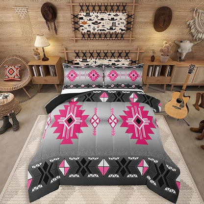 Erosebridal Rustic Western Twin Comforter Set, Southwestern Aztec Bedding Set for Boys Teens Men Bedroom, Exotic American Native Bedding Comforter Sets Vintage Bohemian Geometric Quilt, Pink Grey