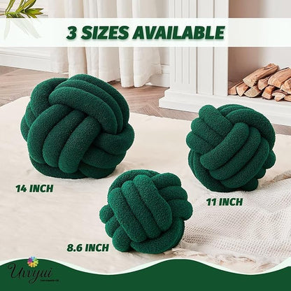Uvvyui Knot Pillow Ball, Soft Home Decorative Pillows, Round Throw Pillow, Handmade Knotted Plush Pillow, Round Boucle Pillow Cushion (8.6 Inches Dark Green)