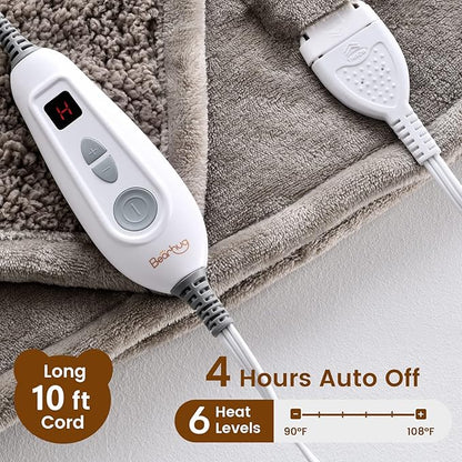 Bearhug Electric Throw Blanket 50" x 60", Reversible Velvet & Sherpa Heated Throw, 6 Heating Levels & 4H Auto Off, Over-Heat Protect, ETL Certification, Machine Washable