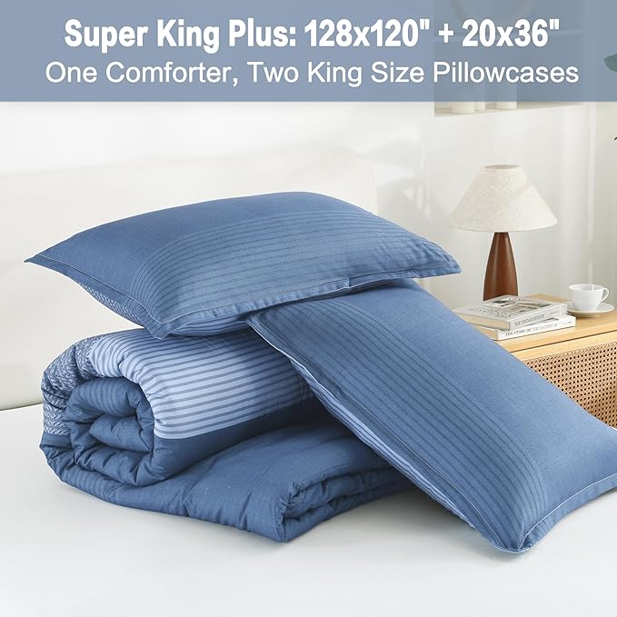 Litanika Comforter Set Super King Plus Sapphire Blue - 3 Pieces Lightweight Sapphire Blue White Colorblock Stripe Fluffy Bedding Comforter Sets, All Season Bed Set