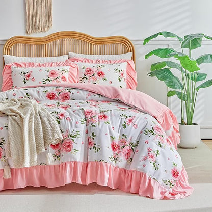 Flower Comforter Set Queen Size 90 * 90in - White Pink Floral with Green Leave Style -3 Pieces Shabby Chic Farmhouse Bedding with Ruffled Fringe Rustic Lightweight Fluffy Ruffle Comforter with Shams