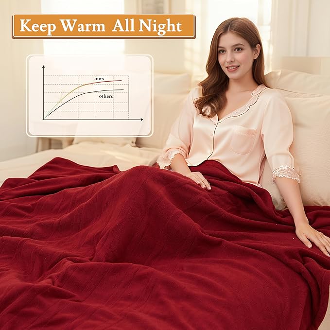 Electric Heated Blanket 62"x84" Twin Size Fleece - 4 Heat Settings & 10H Auto Shut Off for Safe Overnight Use, Fast Heating, Machine Washable for Bed, Couch, Office - Red