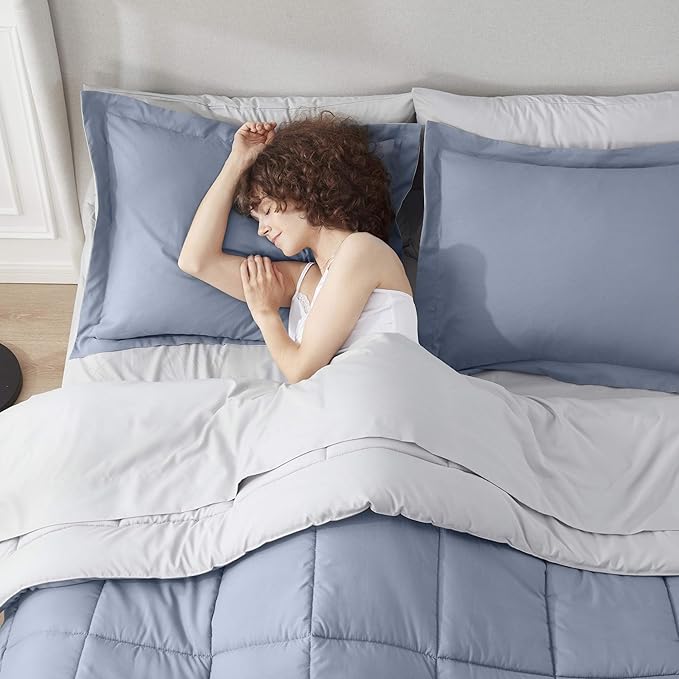 Nestl 7 Piece Queen Comforter Set – Stone Blue Reversible Bed in a Bag – Complete Queen Size Bedding Set with Sheets, Pillowcases and Shams
