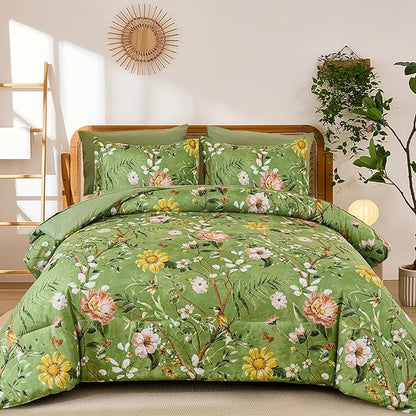 Yiran Sage Green Hibiscus Floral Comforter Set King Size, 7 Piece Bird Flowers Botanical Comforter Bedding Set, Vintage Bed in a Bag, Soft Microfiber Complete Bedding Set with Sheets for All Season