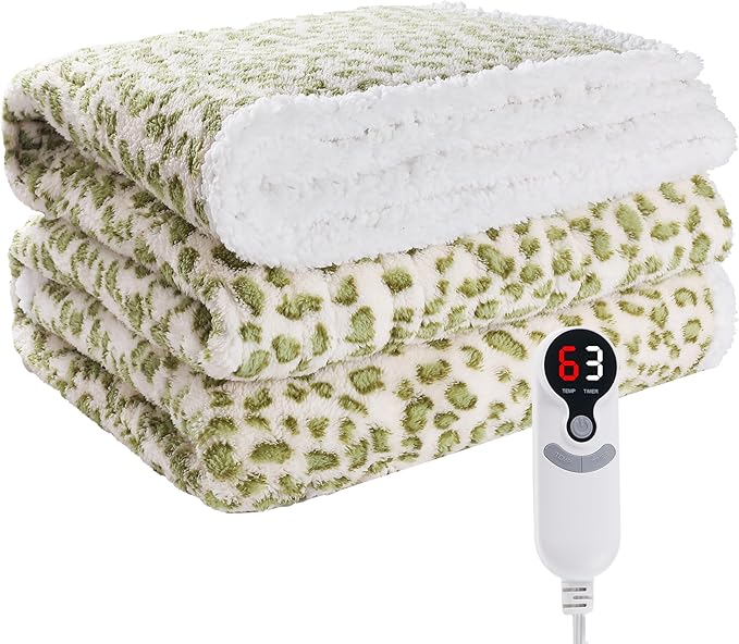Electric Heated Blanket Throw Size 50"×60" with 9 Heating Levels & 1-10 Hs auto Off, Heating Throw Double Sided Sherpa, Energy Efficient, Machine Washable, Leopard Print Green & White