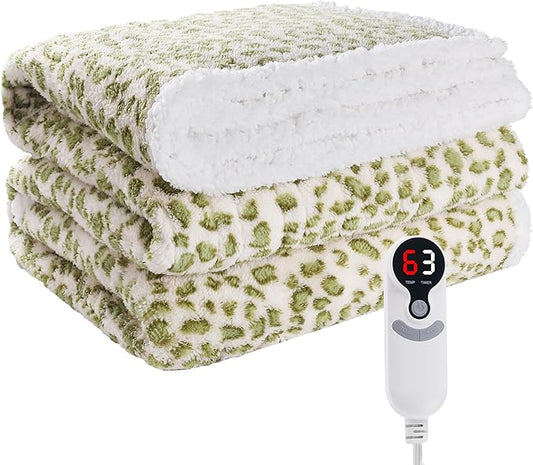 Electric Heated Blanket Throw Size 50"×60" with 9 Heating Levels & 1-10 Hs auto Off, Heating Throw Double Sided Sherpa, Energy Efficient, Machine Washable, Leopard Print Green & White