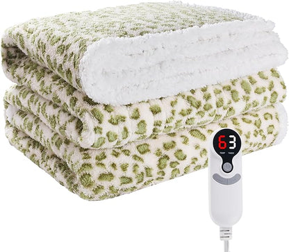 Electric Heated Blanket Full Size 72"×84" with 9 Heating Levels & 1-10Hs Auto Off, Plush Sherpa, Energy Efficient, Machine Washable, for Couch & Bed, Leopard Print Green & White