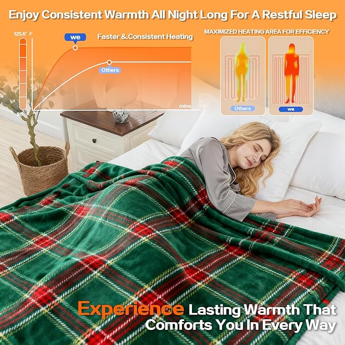 Electric Blanket Heated Twin, Soft Flannel 62"x84" Plaid Heating Blanket with 8 Hours Auto Off 10 Fast Heating Levels Machine Washable Sherpa Heated Blanket with Overheating Protection