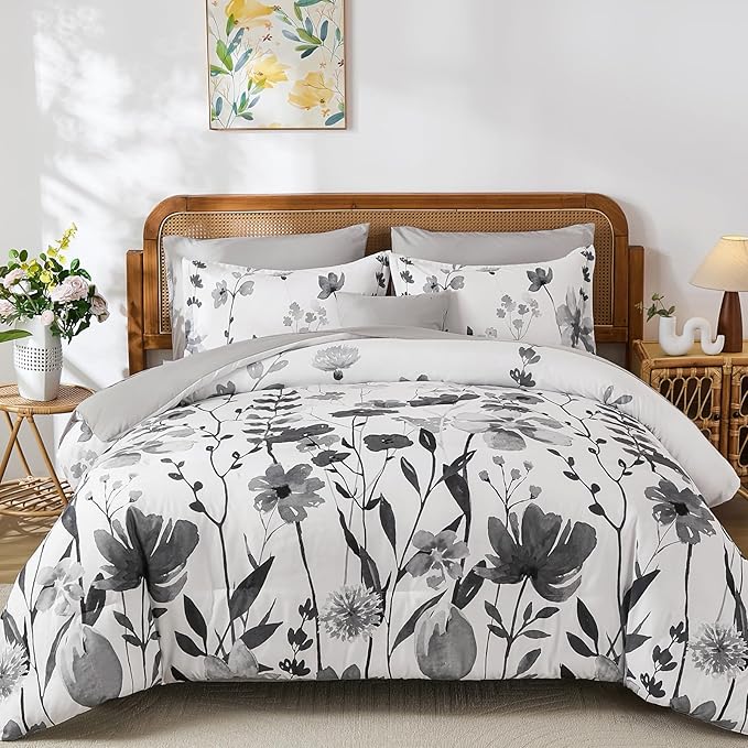 Anibedding 8Pieces King Size Comforter Set, Grey Watercolor Floral Queen Size Bed in a Bag Comforter Set with Pillowcase, Sheets for All Season