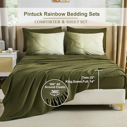 Dinjoy Ombre Comforter Set Queen Size, 7-Piece Bed in a Bag for All Season, Pintuck Colorful Rainbow Bedding Sets with Comforter, Flat Sheet, Fitted Sheet and Pillowcases & Shams, Green