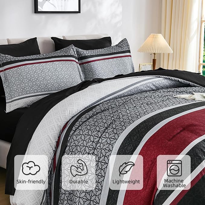 WONGS BEDDING 7 Pieces Comforter Set King Size, Black-red Striped Bed in a Bag Comforter and Sheet Set, Black Boho Soft Lightweight Micorfiber Bedding Set for All Season (90"×104")