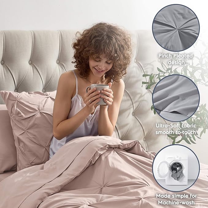 Nestl Twin XL Comforter Set 5 Piece - Pintuck Twin XL Bedding Set Blush Pink, College Dorm Room Essentials Bed in a Bag, Twin XL Comforter Set for College Girls & Boys with Sheets, Pillowcase and Sham