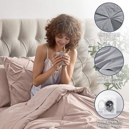 Nestl Twin Comforter Set 5 Piece, Pintuck Twin Bedding Set Blush Pink, College Dorm Room Essentials for Girls and Boys Bed in a Bag Twin All Season, Twin Comforter Set with Sheets, Pillowcase and Sham