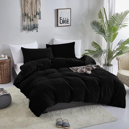Cottonight Velvet Comforter Set - Cal King Black Flannel Bedding - Plush Fluffy Blanket Quilts - Modern Winter Warm Thick Solid Black Bedding Set