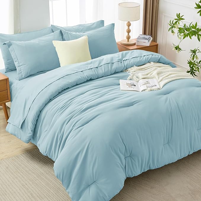 MUXHOMO 7 Pieces Full Comforter Set, Soft Bed in a Bag Full Size, All Season Bedding Set with Comforter, Flat Sheet, Fitted Sheet, Pillowcases & Shams, Lake Blue