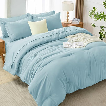 MUXHOMO 7 Pieces Full Comforter Set, Soft Bed in a Bag Full Size, All Season Bedding Set with Comforter, Flat Sheet, Fitted Sheet, Pillowcases & Shams, Lake Blue