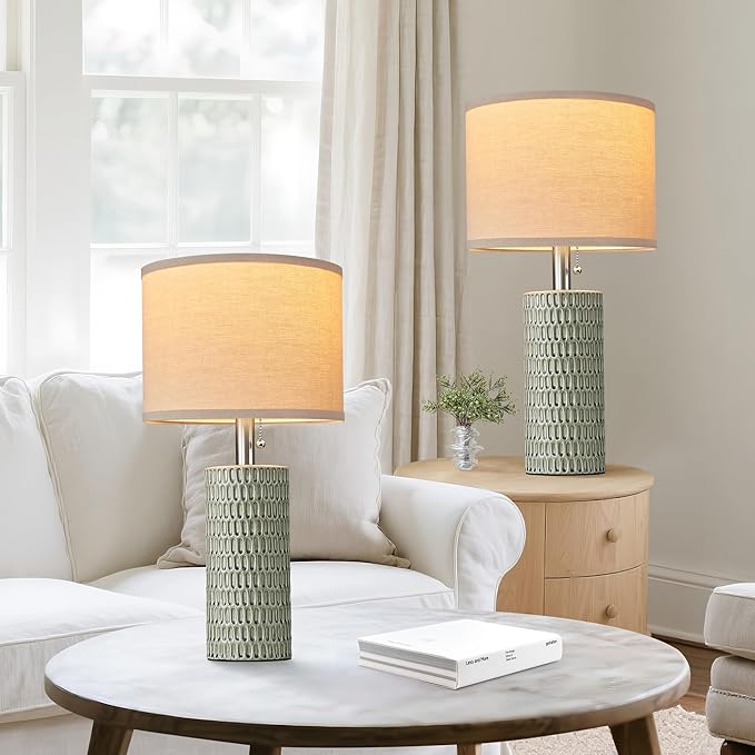 20.5" Modern Ceramic Table Lamps for Bedroom Set of 2, Bedside Lamps for Night Stands with Beige Lampshade, Farmhouse Table Lamp for Living Room Office Dorm, Light Green