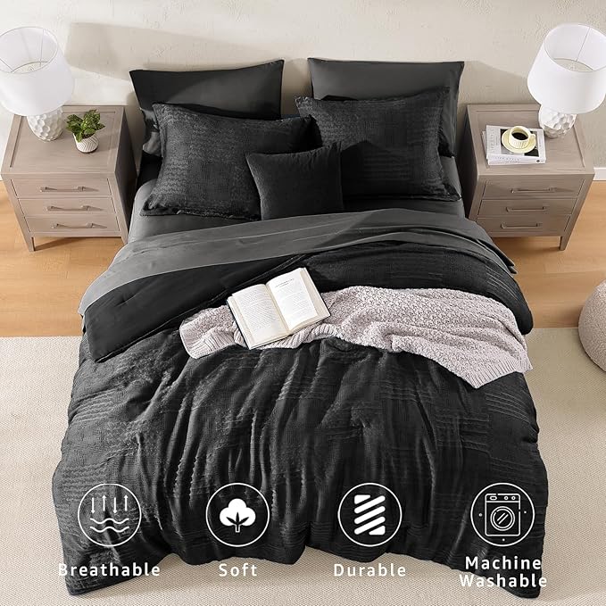 MaiRêve Queen Comforter Set Black, Textured Design Crinkle Bedding Sets 7 Pieces, All Season Bed in A Bag with Comforter, Sheets, Pillowcases & Shams