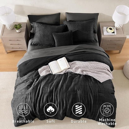 MaiRêve Full Size Comforter Sets Black, Textured Design Crinkle Bedding Sets 7 Pieces, All Season Bed in A Bag with Comforter, Sheets, Pillowcases & Shams