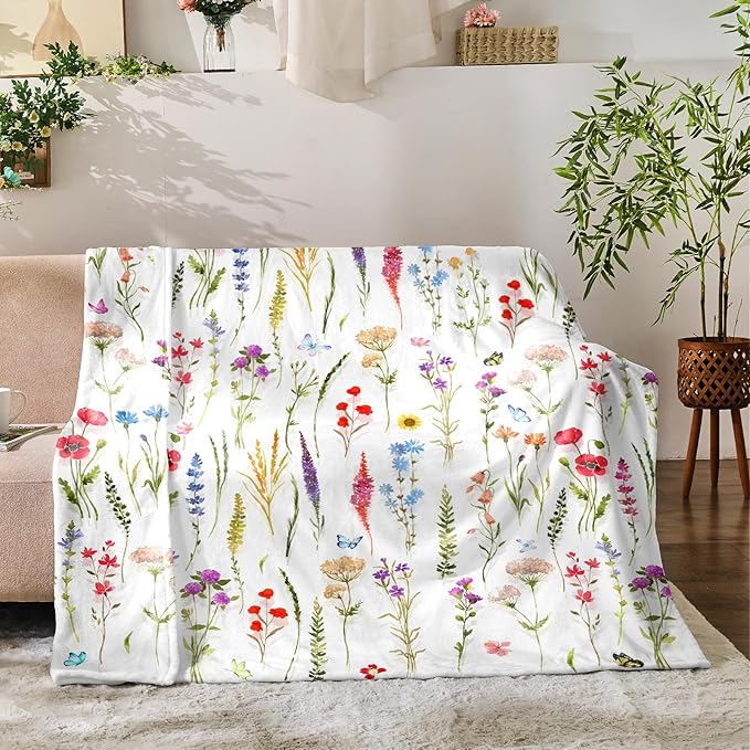 Floral Throw Blanket Birthday Gift for Women Mom Girls Colorful Flowers Blanket Summer Wildflower Flannel Blanket Watercolor Printed Throw for Couch Sofa Bed Chair 50"x60"