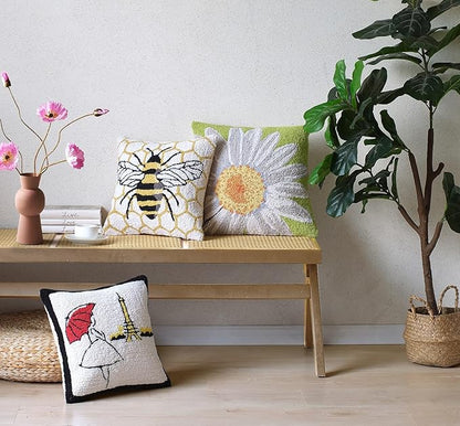 White Daisy Wool Hook Pillow by The Pillow Shoppe, 18" Square