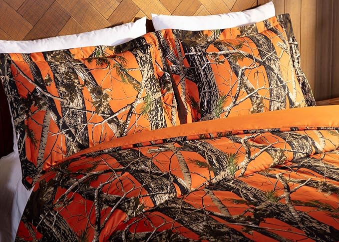 Chezmoi Collection Salem 3-Piece Cabin Lodge Forest Woods Comforter Set - Nature Camo Tree Leaves Printed Soft Microfiber Bedding - Orange, Full
