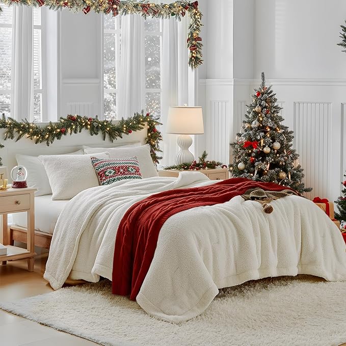 Fluffy Queen Comforter Set - Sherpa Comforter Set Queen Size Winter Use Warm Fleece Luxury 3 Pieces Bedding Comforter with 2 Pillow Shams Microfiber Plush Bed Set- Thanksgiving Choice