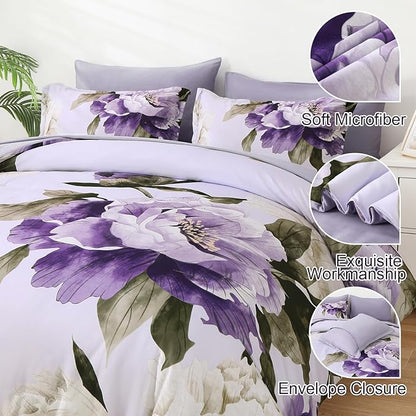 Dobuyly Purple Comforter Set Full Size 7 Piece Bed in a Bag Full, Purple Floral Printed on Light Purple Comforter Set with Sheets, Soft Microfiber Botanical Complete Bedding Set for All Season