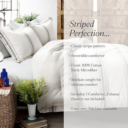 Lush Decor Farmhouse King Size Comforter Set, Reversible Cotton, 3 Piece Set, California King, Gray - Cozy Bedding - Rustic Decor - Modern Farmhouse Bedroom Decor