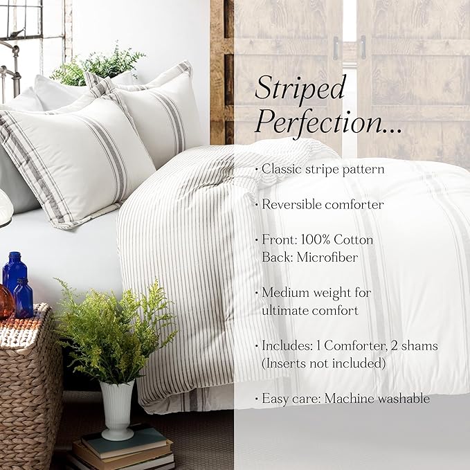 Lush Decor Stripe Reversible Cotton Comforter Set, Cozy Farmhouse Bedding Set, Full/Queen, Gray, 3 Piece Set
