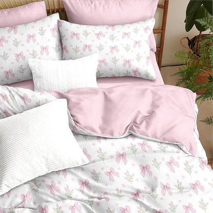 Nayoroom Pink Bow Comforter Set Queen Size Coquette Pink Floral Comforter 3 Pieces Soft Lightweight Kids Girls Cute Aesthetic Dorm Bedding Set for All Seasons
