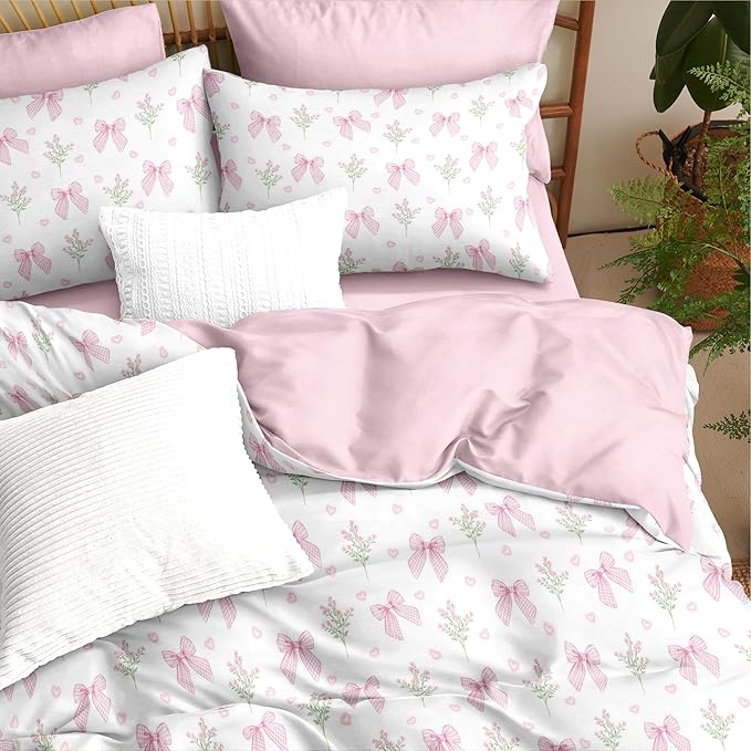 Nayoroom Pink Bow Comforter Set Full Size Coquette Pink Floral Comforter 3 Pieces Soft Lightweight Kids Girls Cute Aesthetic Dorm Bedding Set for All Seasons