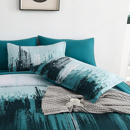 WONGS BEDDING Comforter Set Queen,Teal Green 7 Pieces Bed in a Bag Colorful Abstract Art Gradient Comforter Soft Microfiber Bedding Set with Comforter,Flat Sheet,Fitted Sheet,Pillow Shams,Pillowcases