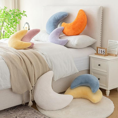 Moon Pillow, Decorative Throw Pillows with Soft Faux Rabbit for Bed Couch, Moon Shaped Pillows Plush Floor Cushions Room Decor Pillow for Sofa Bedroom Living Room (Grey Pink, 19.6 Inches)