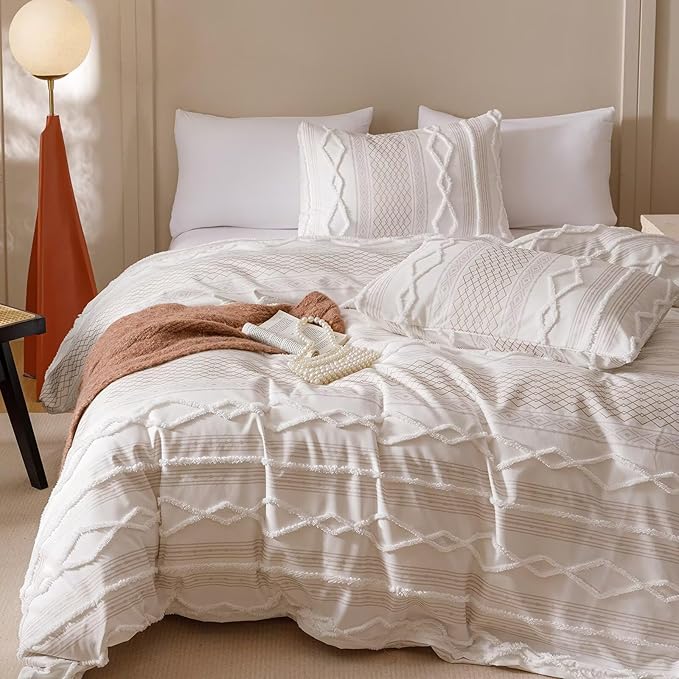 Luxlovery Boho Farmhouse Comforter Set King Teens Kids White Jacquard Bedding Set Bohemian Country Blanket Quilts Durable Soft Breathable 3PCS Comforter Set King Bed