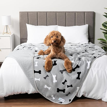 PetAmi Waterproof Dog Blanket Sherpa Fleece, Pet Medium Large Dogs, Reversible Cat Throw Bed Couch Sofa Furniture Protector, Soft Plush Microfiber (Large 40x60, Bone Print Gray), (40x60)