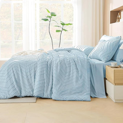 Litanika Light Blue Queen Size Comforter Set with Sheets - 7 Pieces Bed in a Bag Queen Boho Tufted Complete Bedding Sets with Comforter, Sheets, Pillowcases & Shams