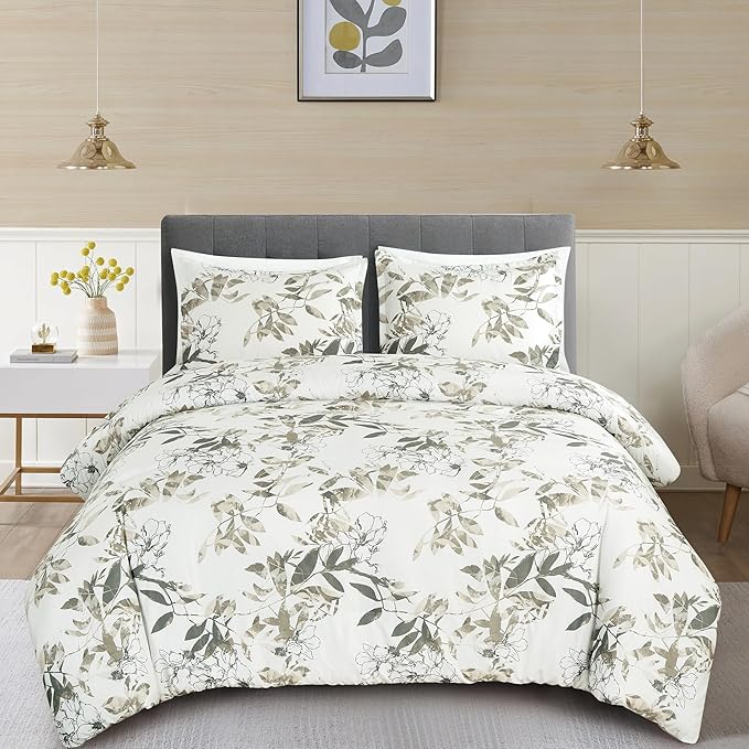 Chezmoi Collection Julia 2-Piece Floral Comforter Set, Twin - Multicolor Taupe-Green Gray White Floral Leaves Printed Microfiber Lightweight Bedding Set for All Season