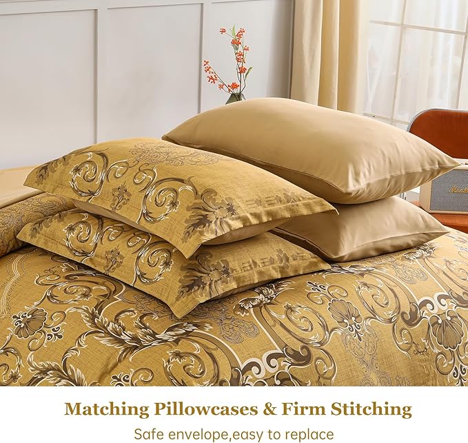Mybedsoul Gold Queen Comforter Set, 7 Pieces Boho Bed in a Bag for Queen Bed, Damask Comforter with Sheets Pillowcases, Soft Microfiber Lightweight Bedding Sets for All Season(90"x90")