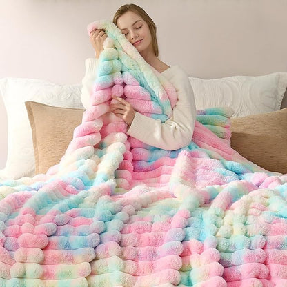 Cozy Bliss Faux Fur Throw Blanket for Couch, Cozy Warm Plush Striped Blanket for Sofa Bedroom Living Room, 60 * 80 Inches Tie-dye Rainbow