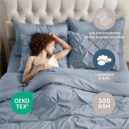 Nestl Queen Comforter Set 7 Piece - Pinch Pleated Comforters Queen Size Stone Blue, Bed in a Bag Queen All Season, Queen Size Comforter Set Bedding with Flat Sheet, Fitted Sheet, Pillowcases and Shams