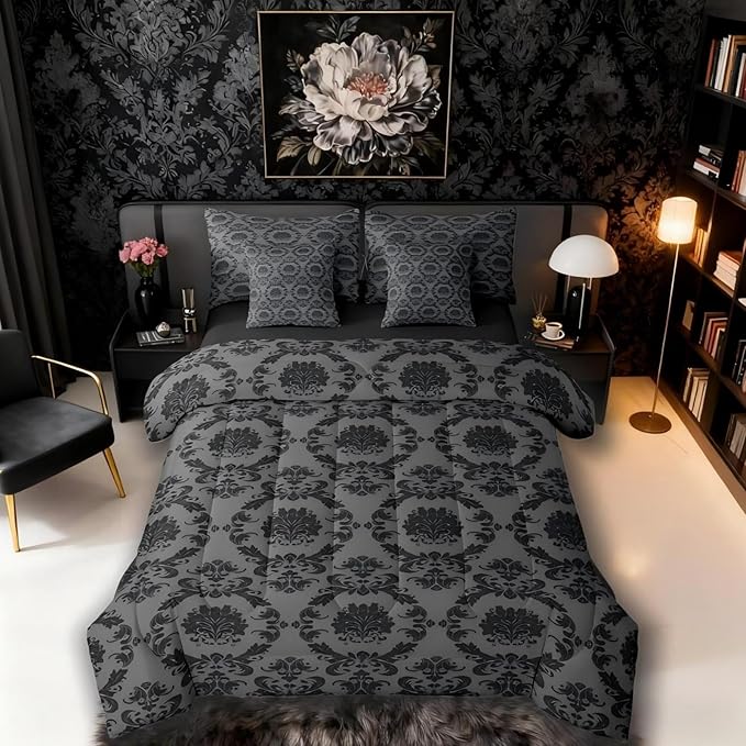 Erosebridal Charcoal Grey and Black Damask King Size Comforter Set with Sheets | Antique Decor Gothic Vintage Floral 7-Piece Bedding Set Boho Baroque Bed in a Bag, Luxury Bohemian Bed Sets