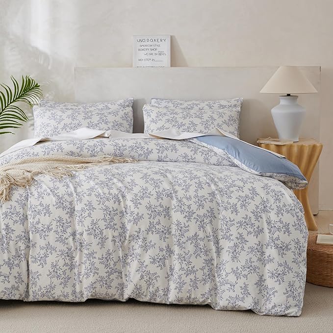 Comforter Set King Floral Soft Cute Bedding Sets Garden Style Blue Flower Print Botanical Floral Comforter for All Seasons and 1 Pillowcases