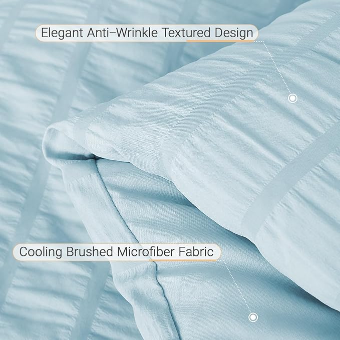 MUXHOMO 7 Pieces Queen Comforter Set, Seersucker Bed in a Bag Queen Size, All Season Luxury Bedding Set with Comforter, Flat Sheet, Fitted Sheet, Pillowcases & Shams, Lake Blue