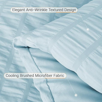 MUXHOMO 7 Pieces Queen Comforter Set, Seersucker Bed in a Bag Queen Size, All Season Luxury Bedding Set with Comforter, Flat Sheet, Fitted Sheet, Pillowcases & Shams, Lake Blue