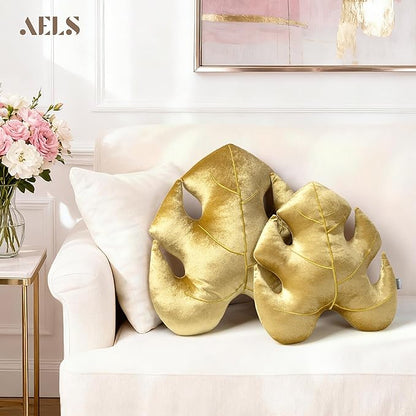AELS Set of 2 3D Leaves Decorative Throw Pillows, 18"& 14" Monstera Deliciosa Plush Pillow Set for Plant Lovers Garden Lovers, Living Room Bedroom Nursery Decor, Golden