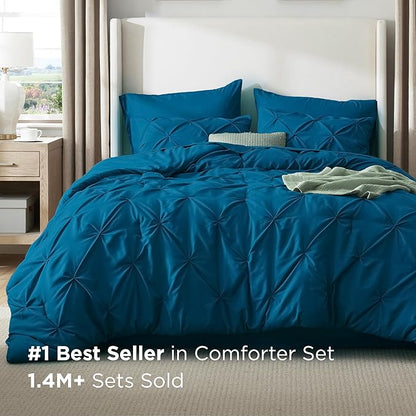 Bedsure Queen Comforter Set Teal - Bed in a Bag Queen Size Bedding 7 Pieces, GentleSoft™ Pintuck Bed Set Gift for Family, Pinch Pleat All Season Comforter with Sheets, Pillowcases & Shams