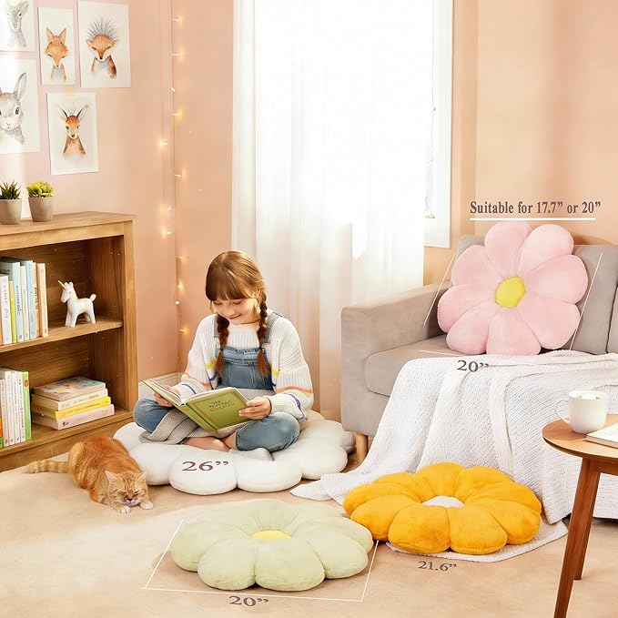 17.7" White Flower Pillow Decorative Throw Cushion – Plush Faux Rabbit Fur, Cute Girls Pillow for Bedroom & Dorm Decor
