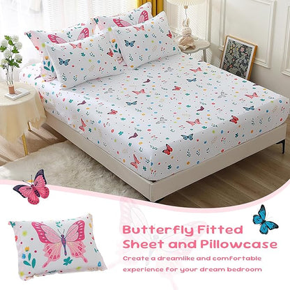 Girls Butterfly Comforter Set Queen Size 7 Piece Bed in A Bag Colorful Flowers Leaves Bedding Set for Kids Teens Super Soft All Season